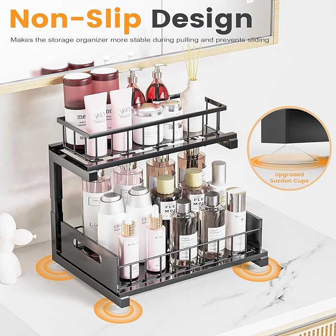 Under Sink Organizer, Heavy Duty Metal Pull Out Cabinet Organizer Slide Out Sink Shelf Organizer Height Adjustable, Multi-Purpose Storage Shelf for Kitchen Bathroom(Black,2Pack) - Image 5