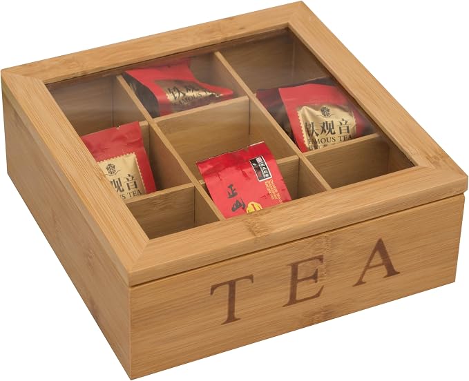 Tea Box Organizer,Bamboo Tea Box Organizer Storage Box,Wooden Teas Bag Storage with 9 Compartments and Clear Glass Cover for Home Office Gift - Image 6