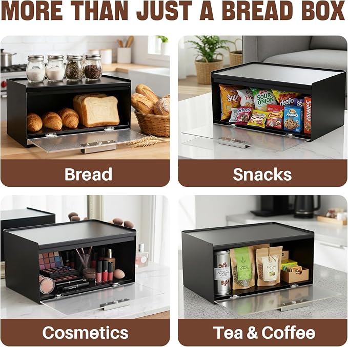 Metal Bread Box for Kitchen Countertop, 10 Qt Morden Small Breadbox | for Bread Storage, No Assembly Required, Easy Cleaning, Never Cracks, Black - Image 10