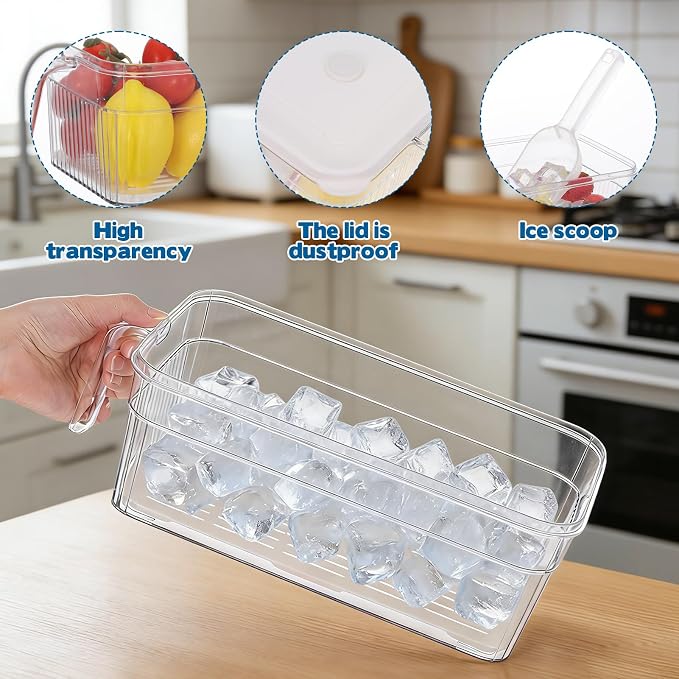 CIEOVO 2 Set Ice Bin for Freezer with Lid and 2 Scoop Set Plastic Freezer Ice Bin with Pull-Out Handle Clear Storage Bucket Kitchen Food Storage Organizer for Home Office Fridge Kitchen - Image 3
