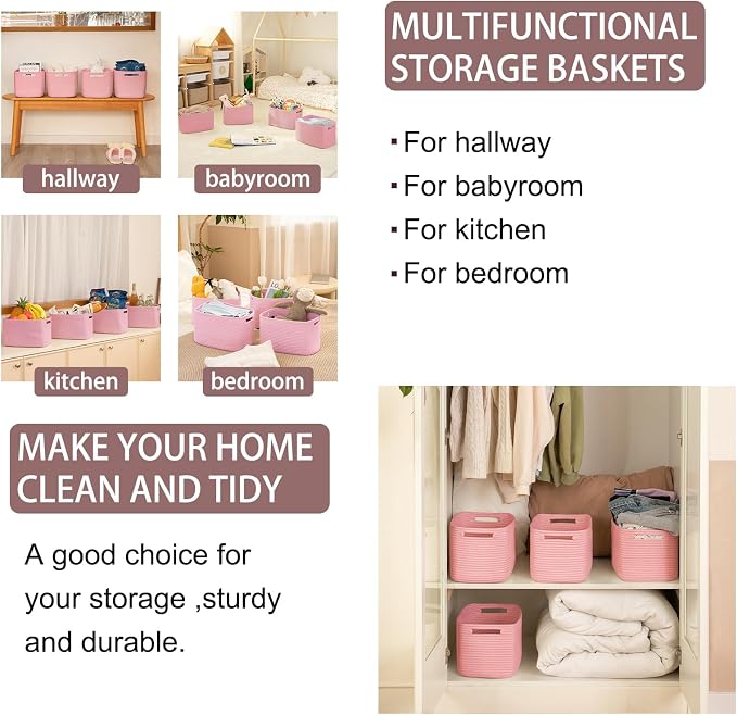 OIAHOMY 4 Pack Storage Baskets for Organizing, Cube Storage Bins for Shelves, Rectangle Storage Baskets With Handles, Woven Baskets for Storage, 12.7''Lx9''Wx7.8''H, Pink - Image 6
