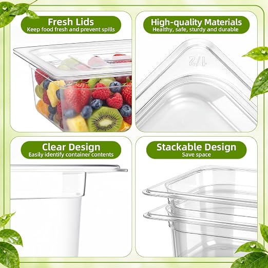 Sliner 10 Pack Plastic Clear Food Pans with Lids, Stackable and Freezer Safe Commercial Food Storage Containers for Fridge Salad Polycarbonate(4" 1/2+1/6 Set) - Image 3