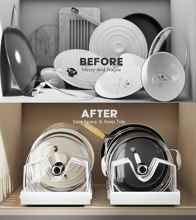 Pull Out Pots and Pans Organizer Under Cabinet, Expandable Sliding Lid Holder and Pan Rack for Kitchen, Slide Out inside Cabinet for Pot Lid, Bakeware, Dishes, 10 Adjustable Dividers, 2 Pack White - Image 6