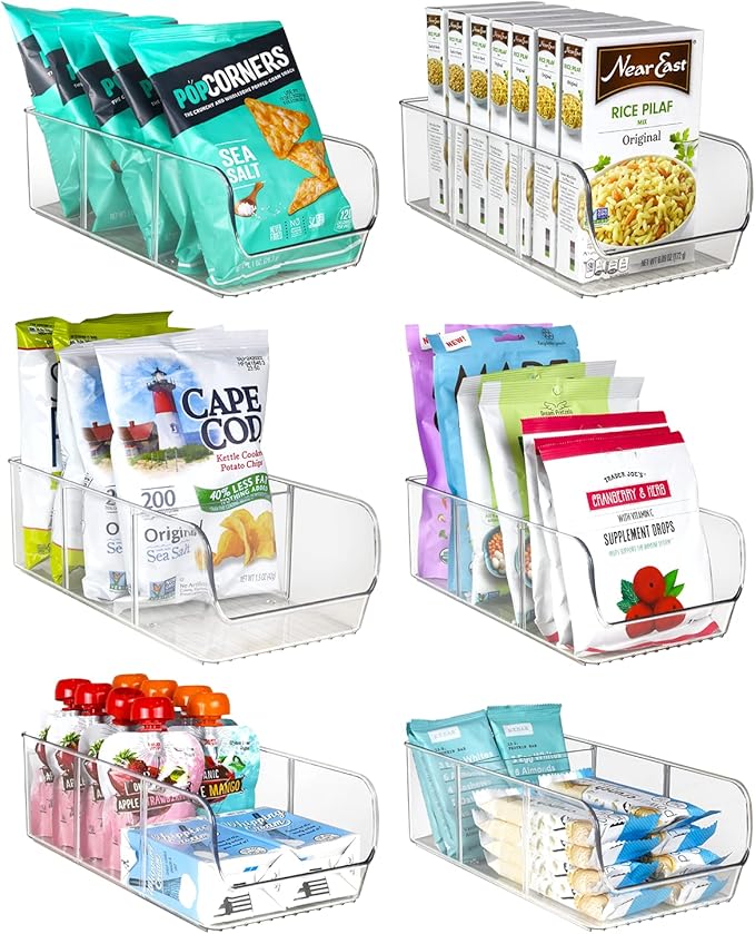 ELTOW 6-Pack Snack Organizer, 3-Compartment Plastic Bins with Removable Dividers, Chip & Food Storage for Pantry, Spices, Fridge, and Cabinet by Eltow