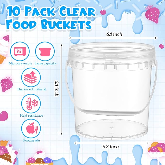 10 Pack 0.5 Gallon / 64 oz / 2 L Clear Plastic Bucket with Handle and Lids Food Storage Containers Freeze Safe Ice Cream Tubs for Deli Kitchen Drinks Home - Image 2
