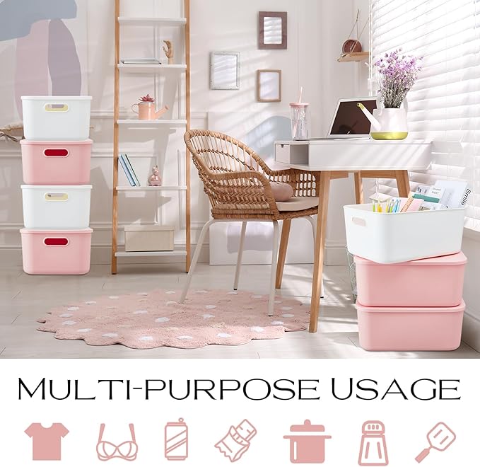 8 Pieces Colorful Storage Bins with Lid, Plastic Storage Basket Organizing Container Stackable Box with Handle for Shelves Desktop Playroom Office(13.8 x 9.8 x 5.9 Inch,White and Pink) - Image 5