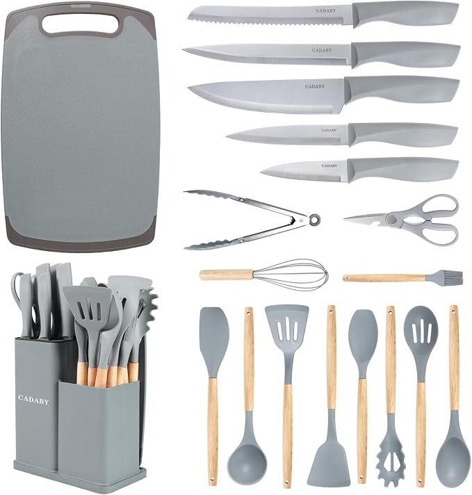19PCS Gray Kitchen Cooking Utensils Set Kitchen Tools Set | 6 Stainless Steel Knives, 11 Silicone Utensils with 1 Cutting Board, Ideal for Apartment by CADABY