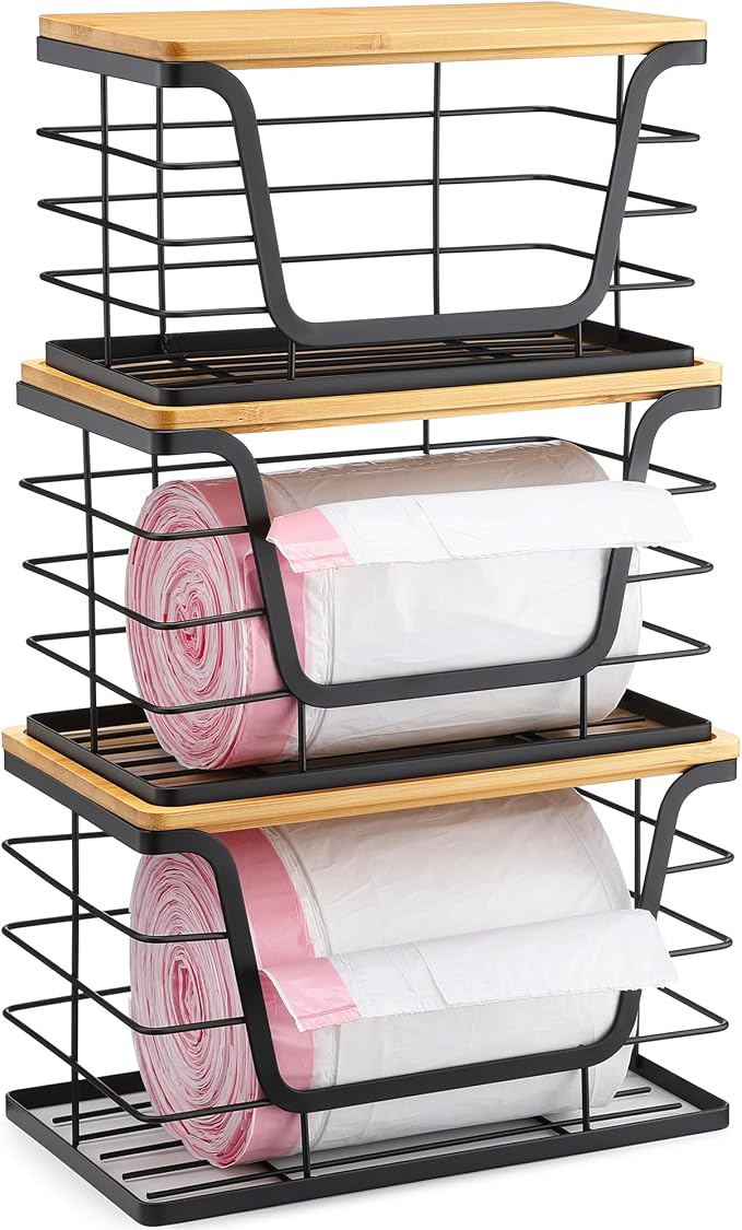ALOCEO 3 Pack Stackable Storage Bins with Lids, Stainless Steel Trash Bag Dispenser Roll Holder for for Kitchen Sink, Laundry, Pantry Organizer and Storage by ALOCEOWallHooksAdhesive