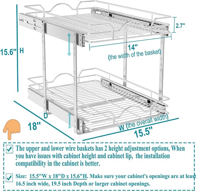 OCG 2 Tier Pull Out Cabinet Organizer (15.5" W x 18" D), Pull Out Drawers for Kitchen Cabinets, Pull Out Shelves for Base Cabinet Organization in Kitchen Bathroom Pantry, Chrome Finish - Image 2