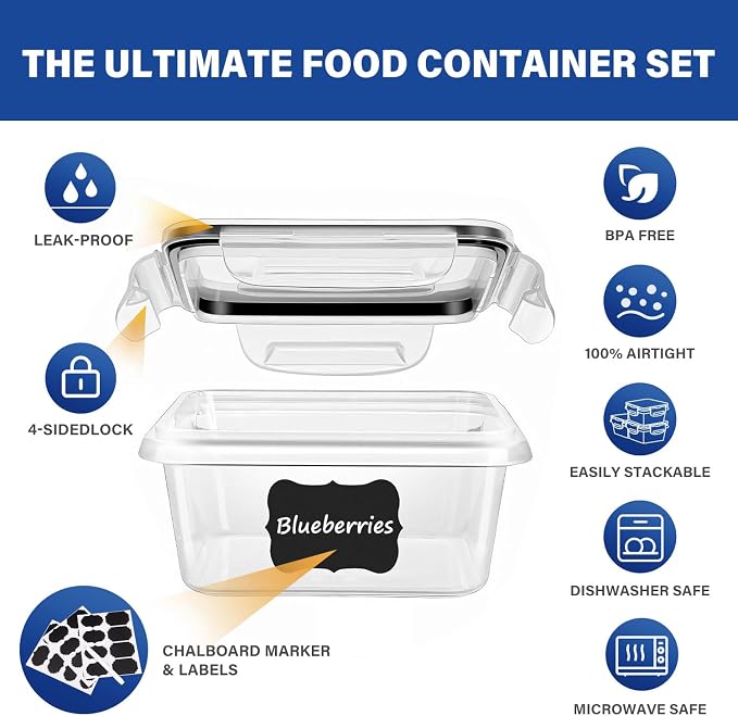 24 Pack Food Storage Container Set with Airtight Lids, Labels & Pen | Multiple Sizes, Leak-Proof Lunch Boxes for Meal Prep, BPA-Free Clear Plastic Containers, for Home & Kitchen Organization - Image 2