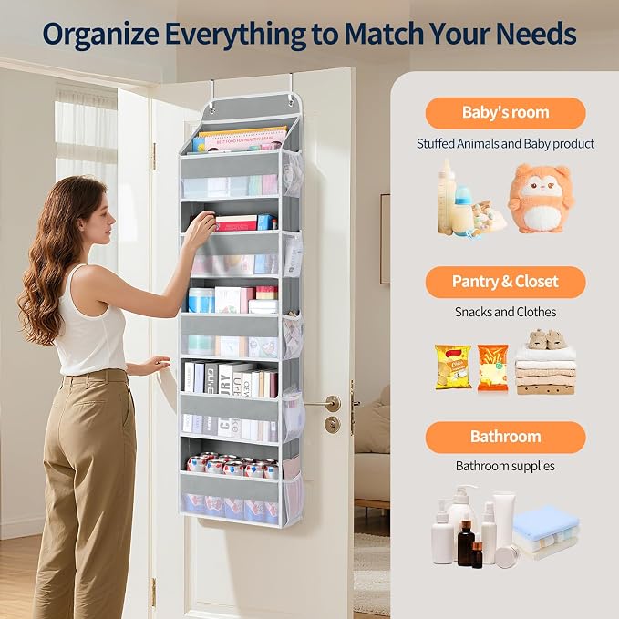 Yecaye Over The Door Organizer Storage, 5-Tier Heavy Duty Door Organizers Hanging with 10 Side Mesh Pockets, 44 lbs Load Capacity Behind Door Storage for Bathroom Nursery Bedroom Dorm Closet,Grey,1Pc - Image 5
