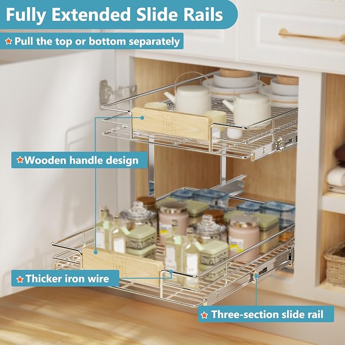 LOVMOR 2 Tier Pull Out Cabinet Organizer 13½" W x 21½" D, Slide Out Drawers with Wooden Handle, Sliding Shelves Organization and Storage for Kitchen, Pantry - Image 4