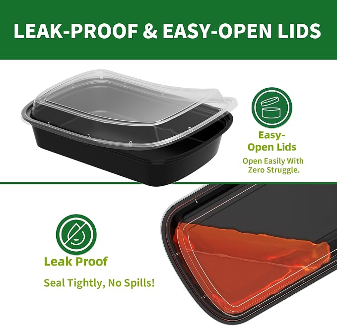38oz Meal Prep Containers, 52 Pack Disposable Food Storage Boxes with Lids | Heavy Duty, Single Compartment, Leakproof Lids, BPA Free, Microwave Freezer Safe, Plastic To Go Bento Boxes for Lunch Takeout - Image 3