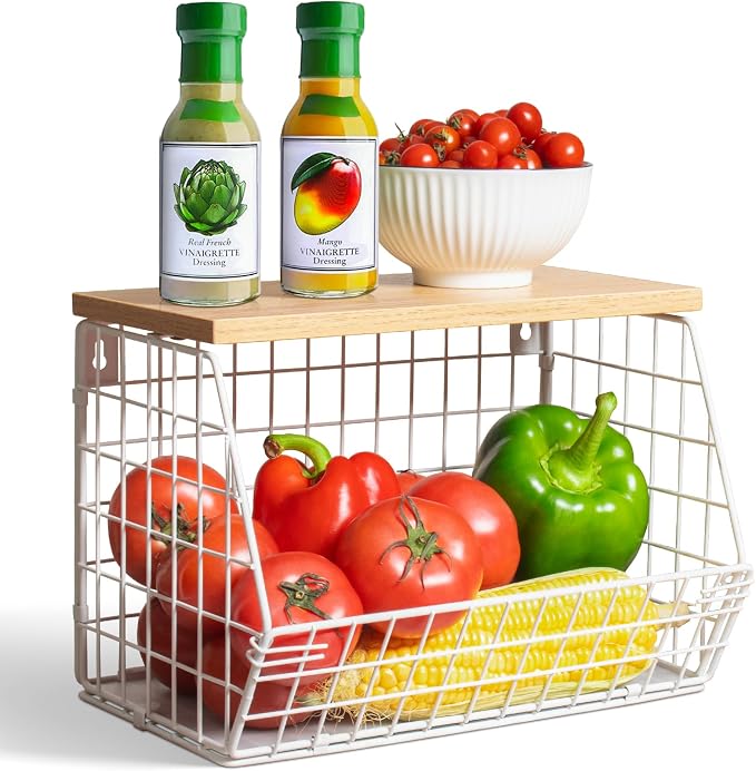 White Fruit Bowl Wire Basket Storage Pantry Fruit and Vegetable Storage Fruit Basket for Kitchen Counter Stackable Wall Mounted Hanging Basket Wire Basket with Wood Lid with Hanger Hooks by Wawocs