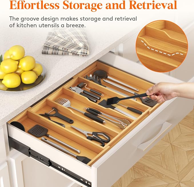 Lifewit Utensil Organizer for Kitchen Drawer, Expandable Cooking Utensil Tray, Cutlery Silverware Flatware Holder, Wood Adjustable Spatula Tools Storage Divider, 15.6-28 x 18.5, Natural - Image 6