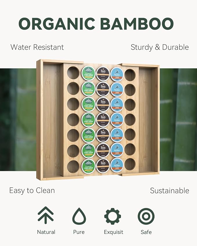 Expandable Bamboo Coffee Pod Drawer Holder 35 Pods | 11.6-19.8" W x 15.36" D x 2.37" H, Compatible with K Cup, keurig Pod Organizer Tea Bag Storage for Countertop Display - Image 6