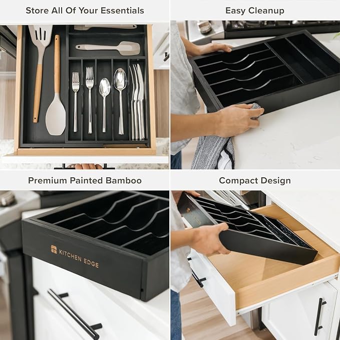 Silverware & Utensil Drawer Organizer, 10.5-19 in, Black Bamboo | Cutlery, flatware, food-safe contract grade, kitchen drawer fit - Image 3