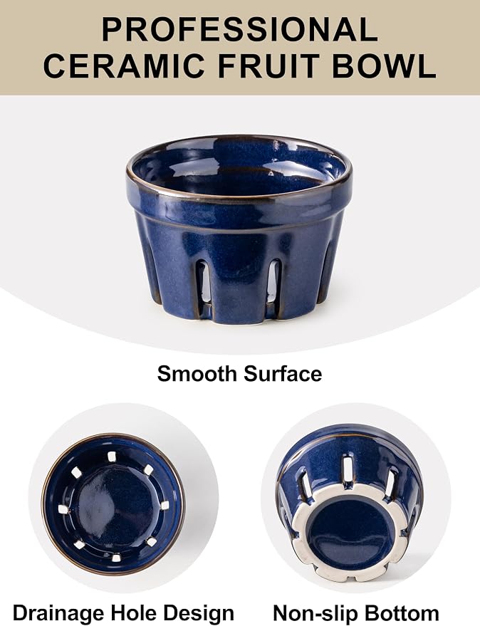 Gomakren Ceramic Berry Bowls with Holes Set of 2 for Fridge, Cobalt Blue | Drain holes keep fruits fresh, stackable, wash & serve, round strawberry basket for fridge kitchen counter, lovely home gift - Image 3