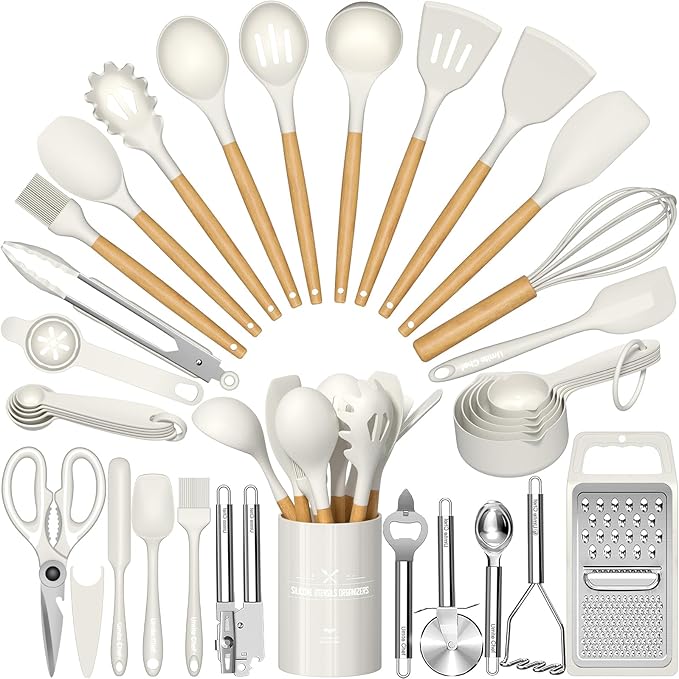 Umite Chef Silicone Kitchen Utensil Set, 34PCS Heat Resistant Kitchen Gadgets and Tools With Grater, Cream White Wood Handles for Nonstick Cookware by UmiteChef