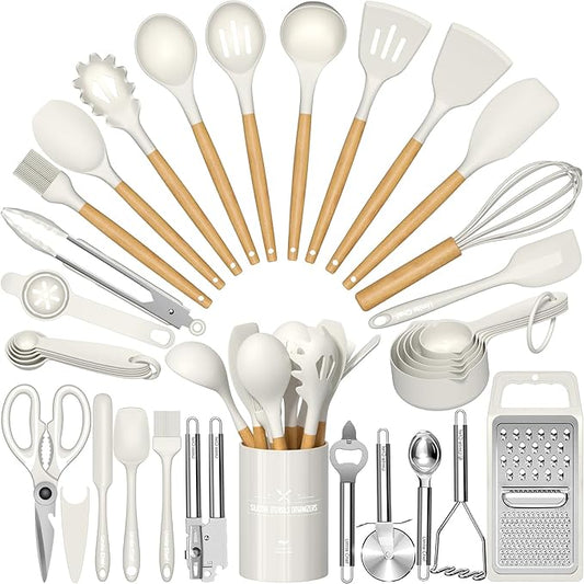 Umite Chef Silicone Kitchen Utensil Set, 34PCS Heat Resistant Kitchen Gadgets and Tools With Grater, Cream White Wood Handles for Nonstick Cookware by UmiteChef