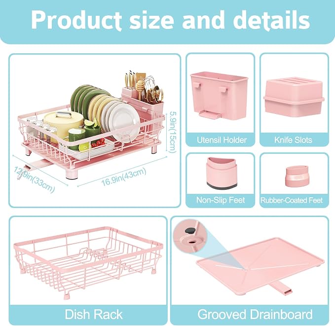 Dish Drying Rack - Space Saving Dish Rack - Dish Racks for Kitchen Counter with Drainboard,Rustproof Dish Drainer with Removable Utensil Holder,Pink - Image 6