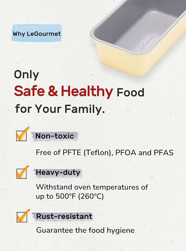 LeGourmet Nonstick Bread Loaf Pan 9 X 5 Inch, Ceramic Coating, Non-Toxic, Rust Resistant Aluminized Steel, Perfect 1 lb Baking Dish for Meatloaf, Pound Cake & Brownie (Butter 2pcs) - Image 4
