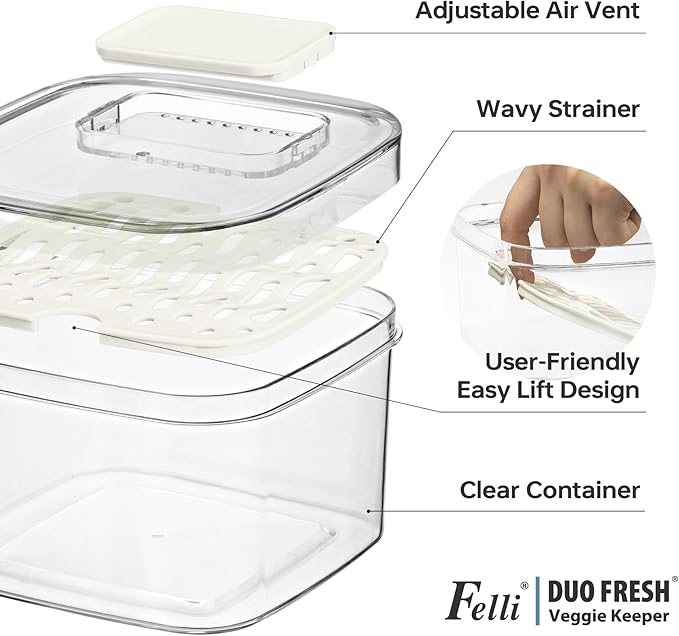 Felli Duo Fresh Veggie Keeper for Fridge with Vent & Drain Trays, LARGE Fruit Vegetable Storage Container for LONG Produce Veggie, Cabbage Celery Lettuce Asparagus Zucchini Saver for Refrigerator - Image 5