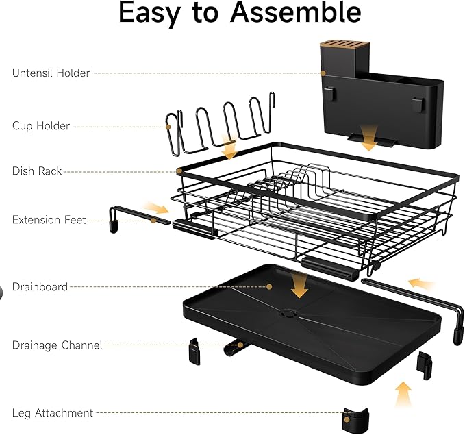 Runnatal Dish Drying Rack - Expandable Large Dish Rack Over Sink | Drying Dish Drainer for Kitchen Counter, Stainless Steel Dish Strainer with Utensil Holder & Cup Holder, Black - Image 7