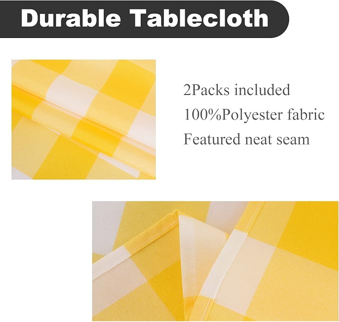 Cupuamon 2 Pack Waterproof Polyester Fabic Square Checkered Tablecloth，54x54 Outdoor Table Cloth，Oil Stain Prevention Table Cloth for Pinics and Parties（Yellow and White） - Image 2