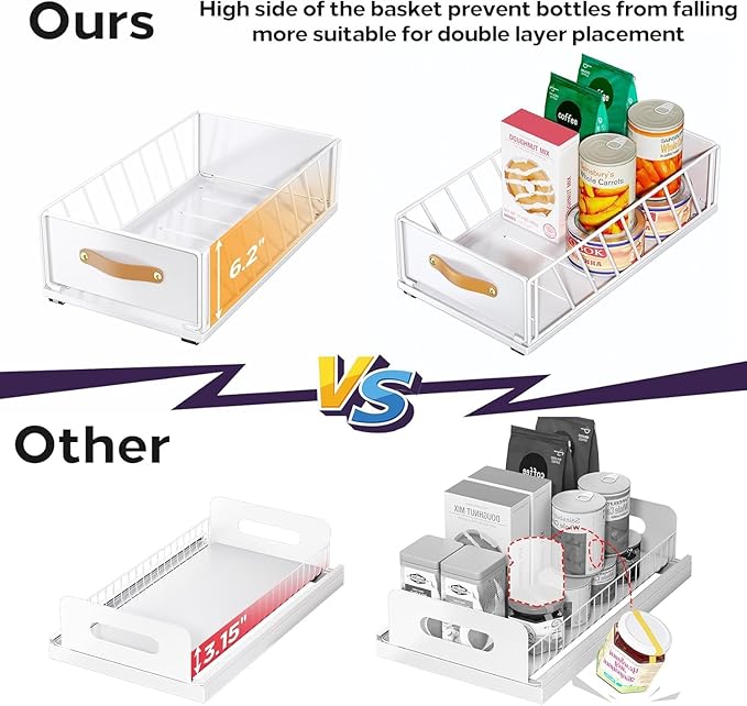 2Pack Pull out Cabinet Organizer,Heavy Duty Slide out Pantry Shelves Drawer Storage with Adhesive Nano Film,Sliding Mesh Basket with Handle for Kitchen, Bathroom, Home, 11.8W" X 15.7"D X 6.2"H,White - Image 4