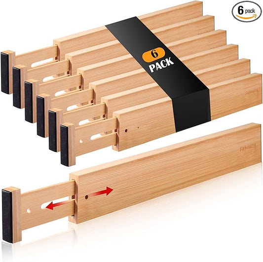 Fabsome Drawer Divider 6 Pack, Bamboo Kitchen Dividers Organizers Adjustable 17''-22'', Wooden Dresser Separators for Nursery Organization Clothes Socks Underwear Baby Clothing, with Soft Foam Ends by Fabsome