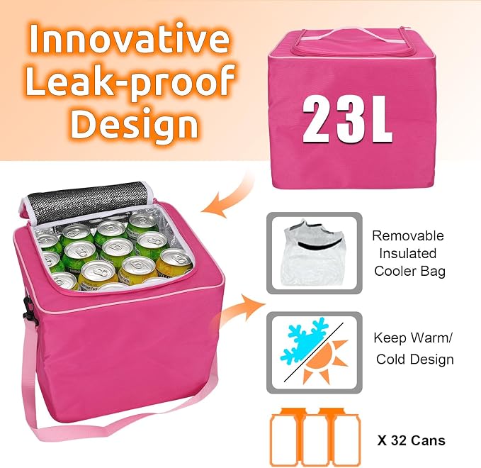 Collapsible Trunk Organizer with Insulated Leakproof Cooler Bag,Removable Lid,Adjustable Securing Straps,3 Compartments Trunk Organizer for SUV,Truck,Sedan(Pink) - Image 4