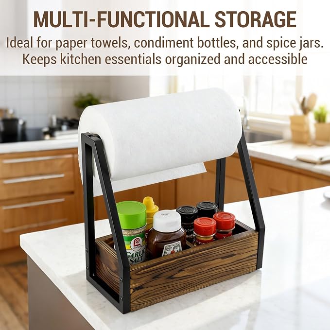 MyGift Kitchen Paper Towel Holder, Industrial Matte Black Metal and Solid Wood with Condiment Bottle and Spice Jar Storage Tray - Image 3