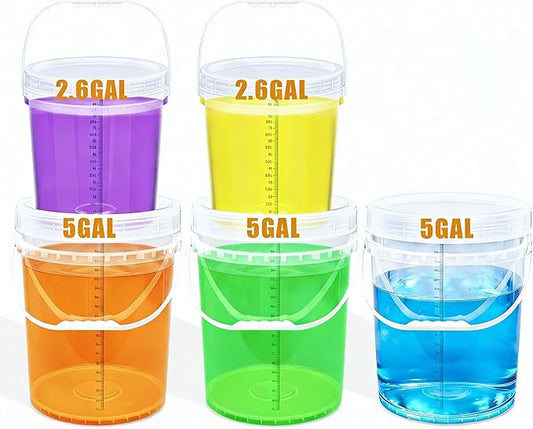 5 Gallon Bucket with Lid & 2.6 Gal Plastic Food Storage Containers, 5 Pack Clear Buckets with Lids, Food Grade Pail for Ice Cream, Dog Food, Water, Large Quart Container with Handle by UMETASS