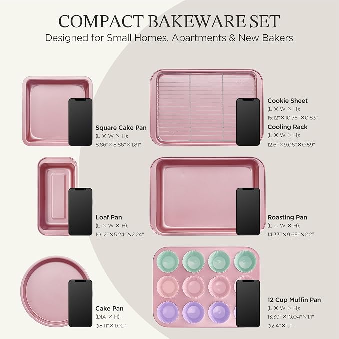 KITESSENSU Baking Pans Sets, Nonstick Bakeware Sets 19-Piece with Round/Square Cake Pan, Loaf Pan, Muffin Pan, Cookie Sheet, Roast Pan, Cooling Rack, Carbon Steel Bake Set Pink - Image 2