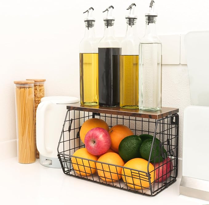Mefirt Fruit Bowl, Stackable Wall Mounted Fruit Basket of Smooth Wood Lid with 4 Banana Hanger Hooks, Metal Kitchen Counter Organizer for Snack, Fruit and Vegetable Storage, 11.8 * 7.9 * 8.5 Inches - Image 4