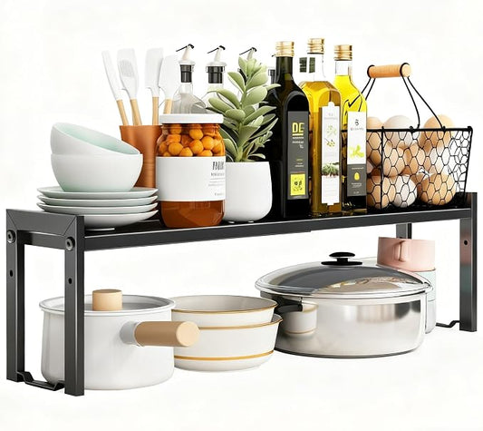 Expandable Cabinet Shelf Organizer 16-26" L Stackable Kitchen Counter Shelf Rack Sink Riser Countertop Storage Black (Normal 7.9”D) by Urhomeyplus