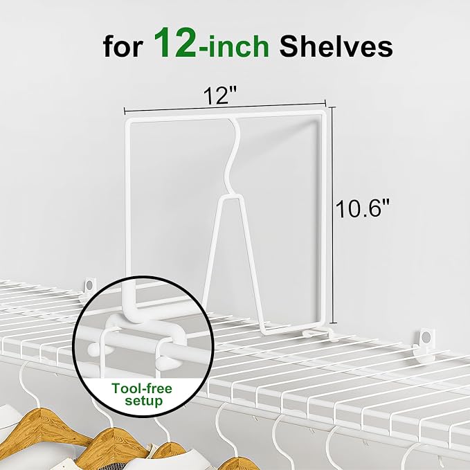 SortNStore Wire Shelf Dividers for Closet: Tall 10.6in x Deep 12in, 8 Pack | Wire Rack Accessories - Adjustable Purse Organizer for Clothes Handbags - Metal Pantry Separators - Image 2