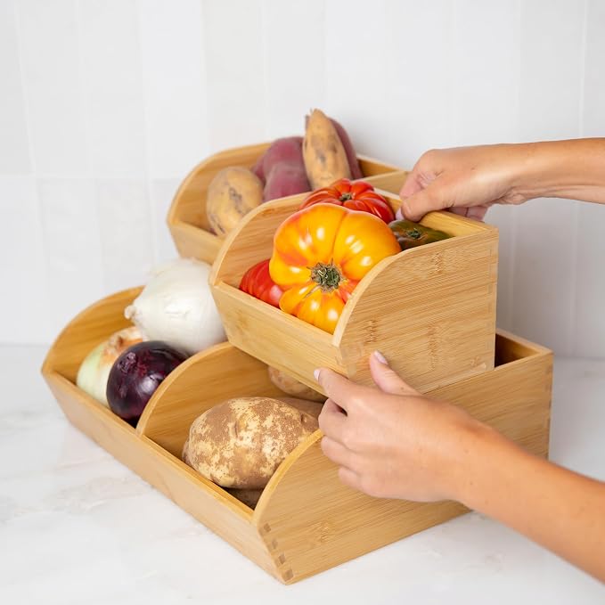 Potato and Onion Storage Bin for Pantry and Kitchen Counter - Ventilated Stackable Bamboo Organizer Baskets with Handles - Image 8