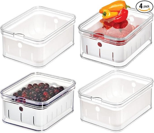 iDesign Small Fridge Berry Bin with Removable Colander Basket and Lid - Set of 4 - Clear/White by iDesign