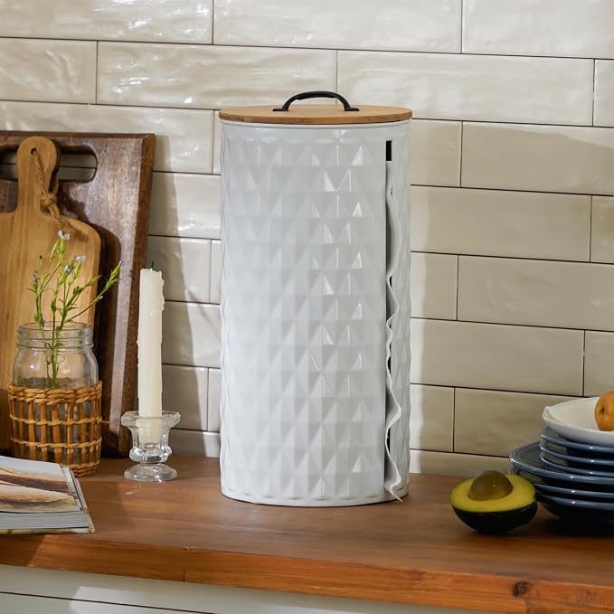 Metal Paper Towel Holder, Weighted Base with Suction Cups | Embossed with Wooden Lid, Easy Tear Roll Dispenser for Kitchen Counter, Bars, Dining Tables - Image 3