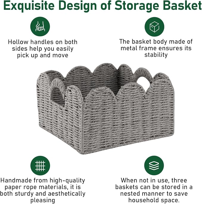 OIAHOMY Scalloped Wicker Baskets, Hand-woven Storage Baskets with Built-in Handles, Paper Rope Shelf Baskets for Organizing and Decoration, Set of 3-Grey - Image 5