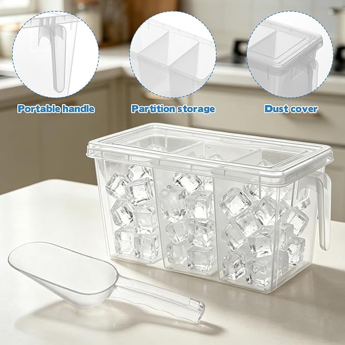 CIEOVO 2 Set 3 Divided Ice Bin for Freezer with Lid and 2 Scoop Set Plastic Freezer Ice Bin with Pull-Out Handle Clear Storage Bucket Kitchen Food Storage Organizer for Home Office Fridge Kitchen - Image 3