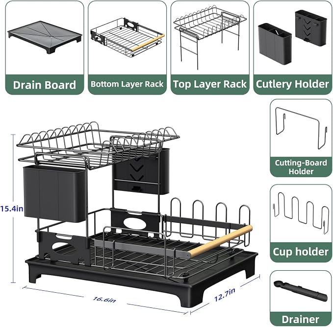 2-Tier Dish Rack with Drainboard: Large Capacity Anti-Rust Kitchen Counter Organizer with Cup, Utensil & Cutting Board Holders, Heavy Duty Dish Drying Rack, Black - Image 3