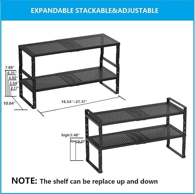 Expandable,Adjustable & Stackable Spice Rack, Cabinet Kitchen Countertop Shelf Organizer,Metal Pantry Storage Shelves - Space-Saving Storage Solution(2Packs/Black/Large) - Image 4