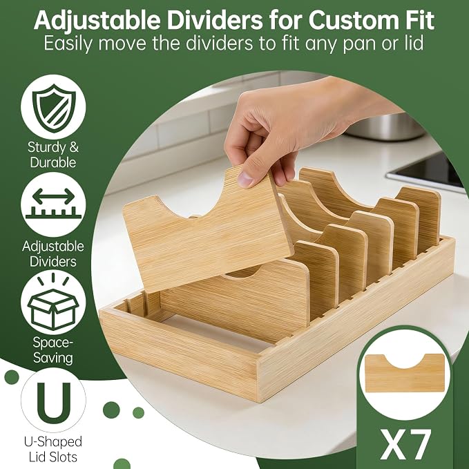 Pan Organizer Compatible with Caraway, Pots and Pans Organizer Under Cabinet, Bamboo Pot Lid Organizers with Adjustable Dividers, U-Shaped Lid Slots, Ideal for Kitchen Countertop and Cabinet Storage - Image 2