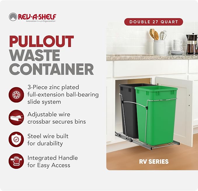Rev-A-Shelf Pullout Trash Can for Kitchen Cabinets 27 Qt Garbage Recycling Bin with Full Extension Slide, Green/Black, RV-15KD-1918C-S - Image 2