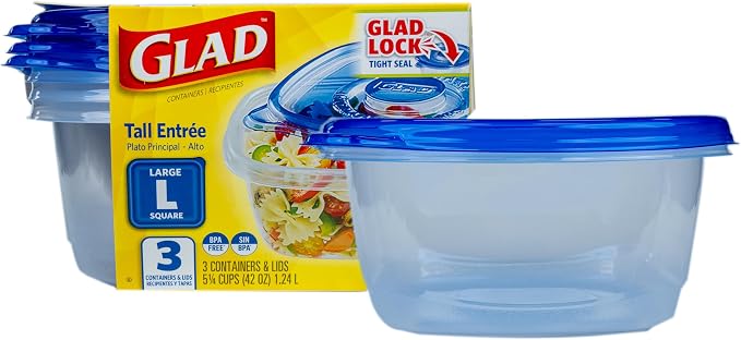 Glad GladWare Tall Entree Containers, Large Square, 42 Oz, 3 Count | Lock-tight seal for meal prep and lunches in a tall square format; microwave and dishwasher safe by GladTrashFoodStorage