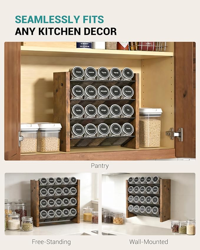 NESAPTO Spice Rack Organizer for Cabinet, Wood 4-Tier Vertical Seasoning Organizer, Wall Mount or Countertop Spice Shelf, Holds 20 Jars (No Jars Included), 10.3" W x 10.3" H - Image 6