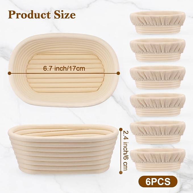 6.5 Inch Banneton Bread Proofing Basket Oval Mini Banneton Basket Set of 6, Small Sourdough Proofing Basket with Liner Rattan Sourdough Baking Supplies for Home Bread Baking - Image 2